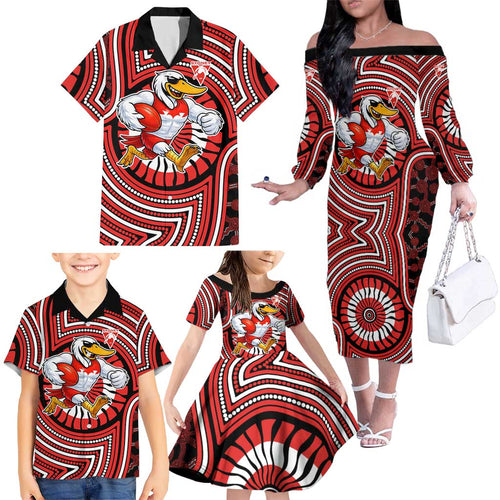 Sydney Swans Family Matching Off The Shoulder Long Sleeve Dress and Hawaiian Shirt Indigenous Monochrome Dot Art Mascot Style