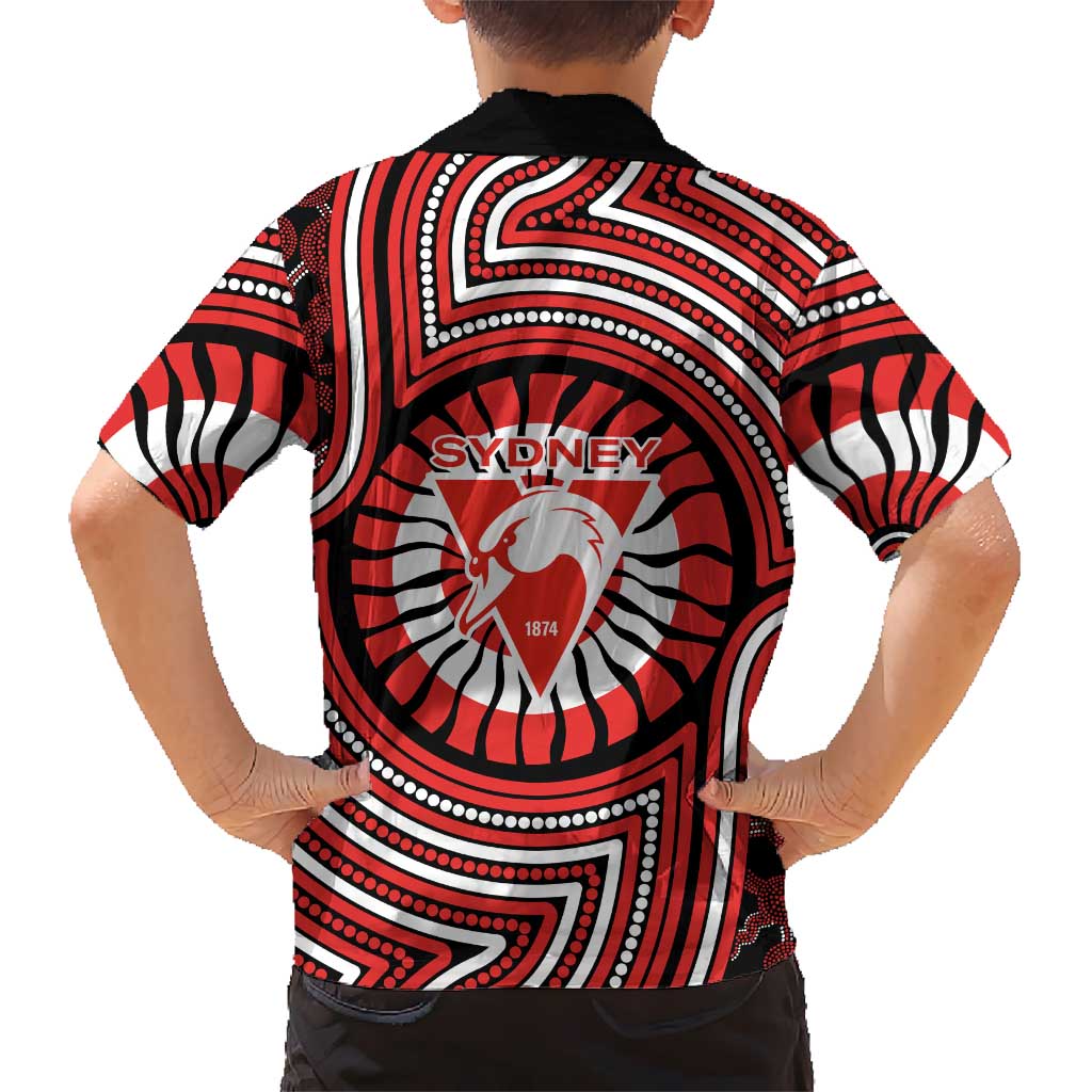 Sydney Swans Family Matching Off The Shoulder Long Sleeve Dress and Hawaiian Shirt Indigenous Monochrome Dot Art Mascot Style