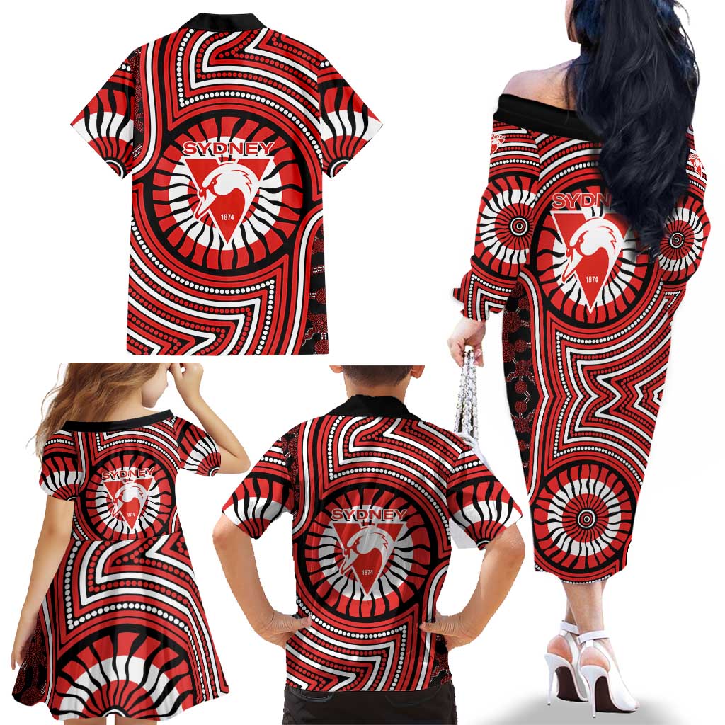 Sydney Swans Family Matching Off The Shoulder Long Sleeve Dress and Hawaiian Shirt Indigenous Monochrome Dot Art Mascot Style