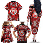 Sydney Swans Family Matching Off The Shoulder Long Sleeve Dress and Hawaiian Shirt Indigenous Monochrome Dot Art Mascot Style