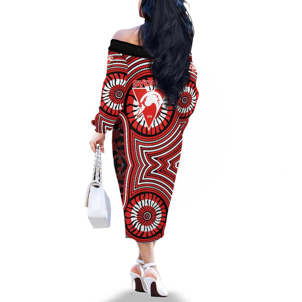 Sydney Swans Family Matching Off The Shoulder Long Sleeve Dress and Hawaiian Shirt Indigenous Monochrome Dot Art Mascot Style