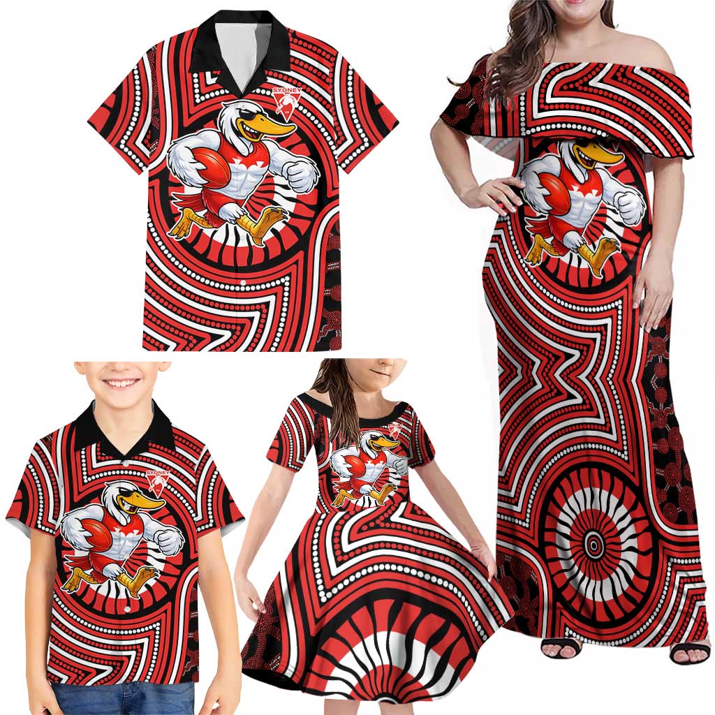 Sydney Swans Family Matching Off Shoulder Maxi Dress and Hawaiian Shirt Indigenous Monochrome Dot Art Mascot Style