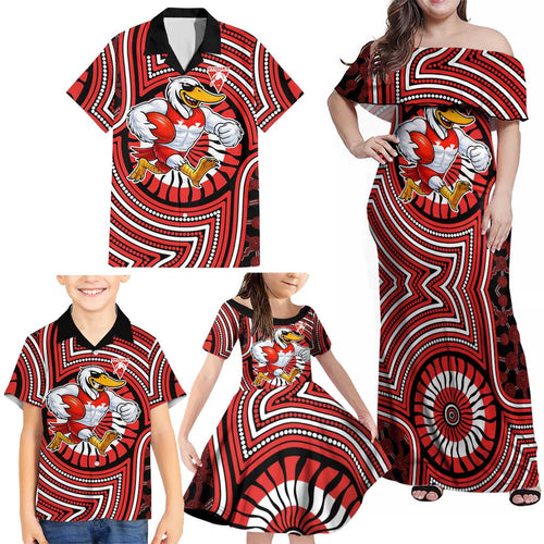 Sydney Swans Family Matching Off Shoulder Maxi Dress and Hawaiian Shirt Indigenous Monochrome Dot Art Mascot Style