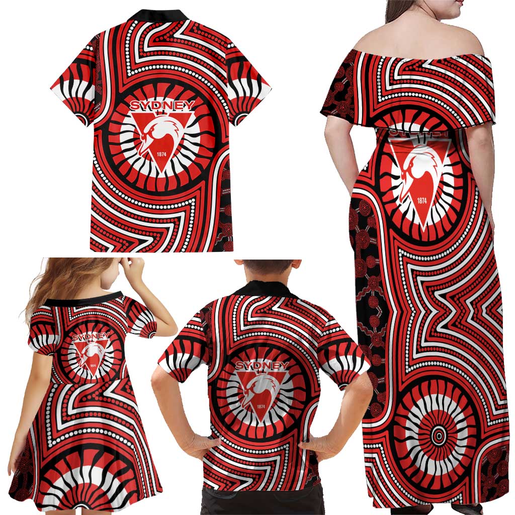 Sydney Swans Family Matching Off Shoulder Maxi Dress and Hawaiian Shirt Indigenous Monochrome Dot Art Mascot Style