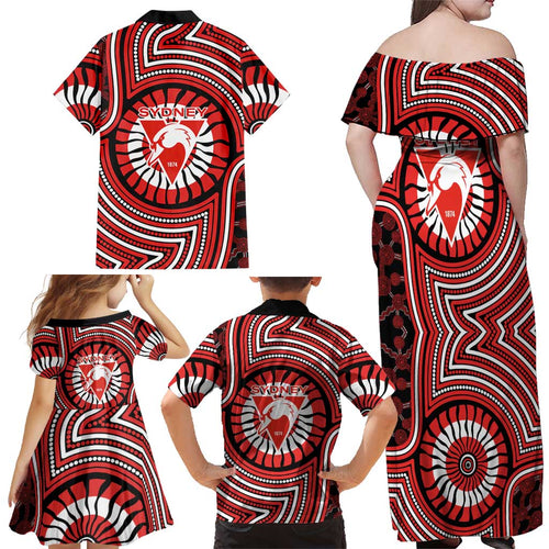 Sydney Swans Family Matching Off Shoulder Maxi Dress and Hawaiian Shirt Indigenous Monochrome Dot Art Mascot Style