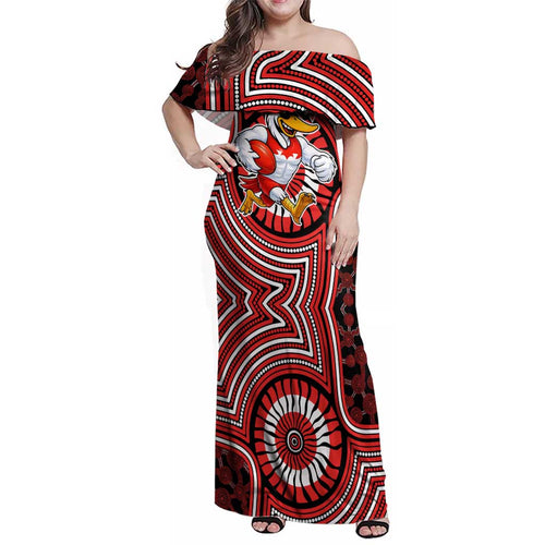 Sydney Swans Family Matching Off Shoulder Maxi Dress and Hawaiian Shirt Indigenous Monochrome Dot Art Mascot Style