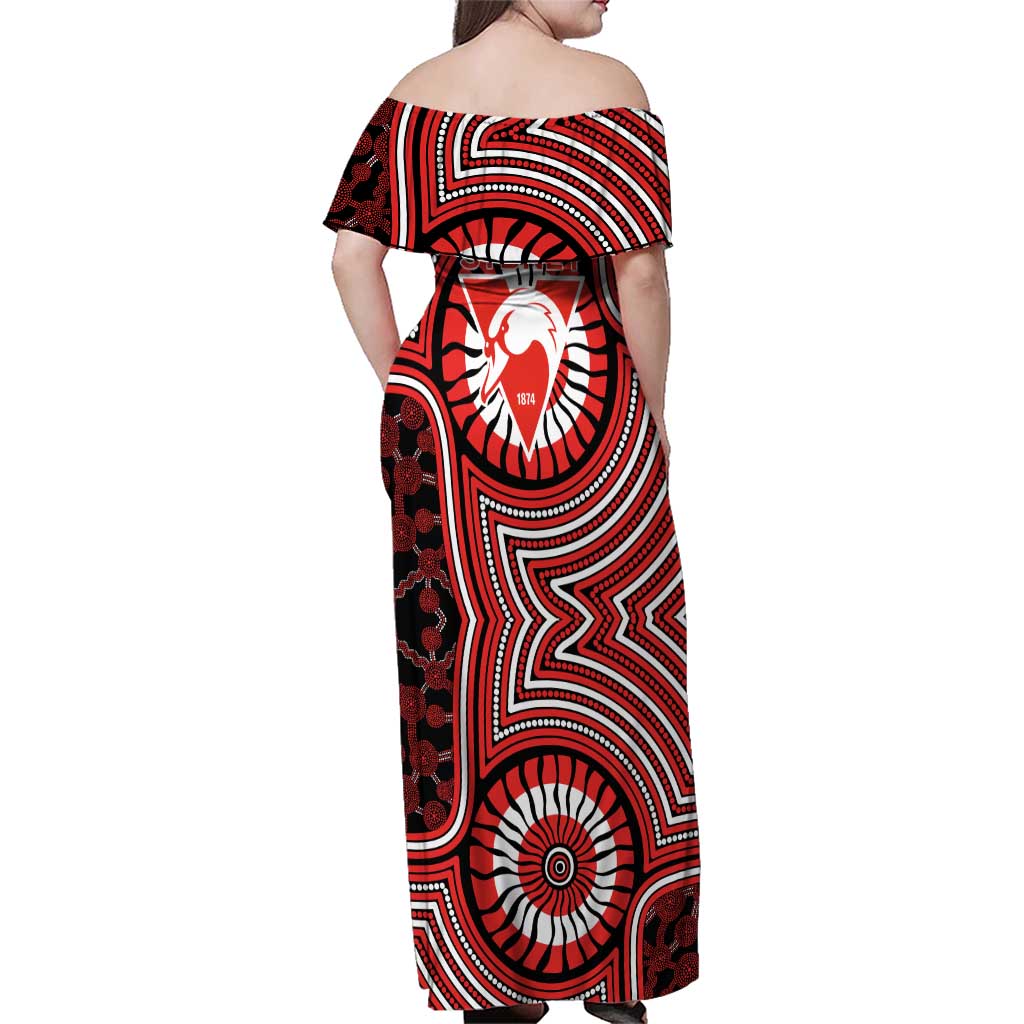 Sydney Swans Family Matching Off Shoulder Maxi Dress and Hawaiian Shirt Indigenous Monochrome Dot Art Mascot Style