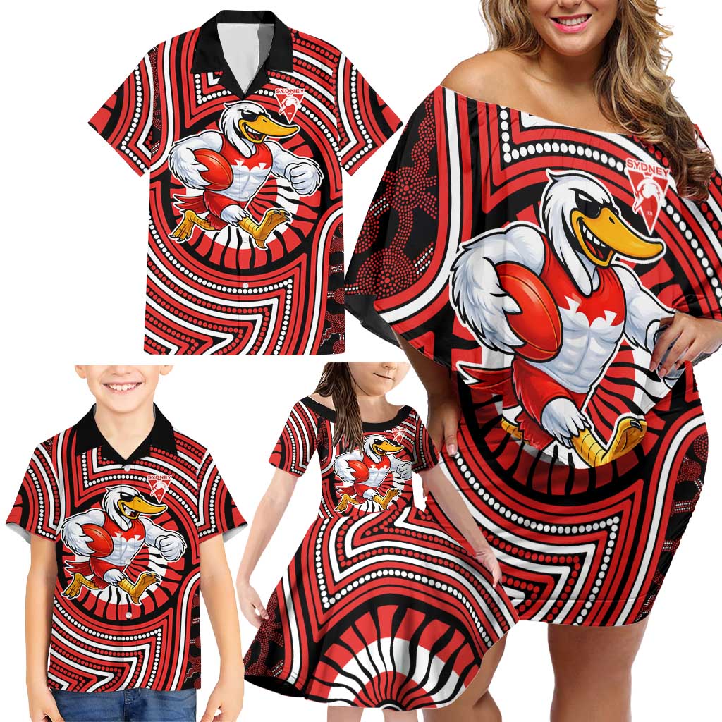 Sydney Swans Family Matching Off Shoulder Short Dress and Hawaiian Shirt Indigenous Monochrome Dot Art Mascot Style