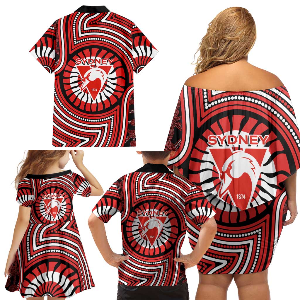 Sydney Swans Family Matching Off Shoulder Short Dress and Hawaiian Shirt Indigenous Monochrome Dot Art Mascot Style