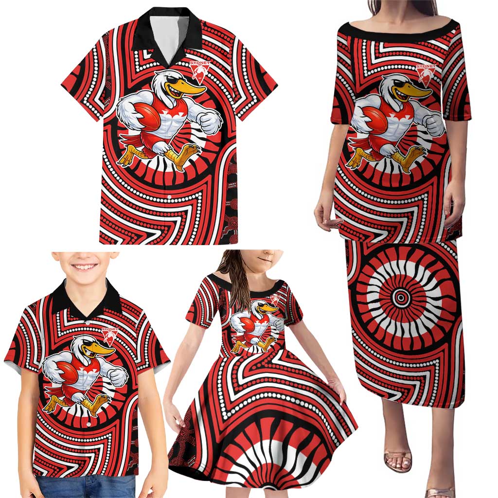 Sydney Swans Family Matching Puletasi and Hawaiian Shirt Indigenous Monochrome Dot Art Mascot Style