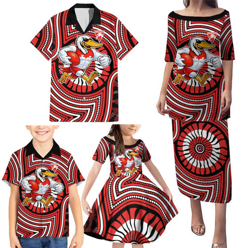 Sydney Swans Family Matching Puletasi and Hawaiian Shirt Indigenous Monochrome Dot Art Mascot Style