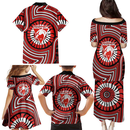 Sydney Swans Family Matching Puletasi and Hawaiian Shirt Indigenous Monochrome Dot Art Mascot Style