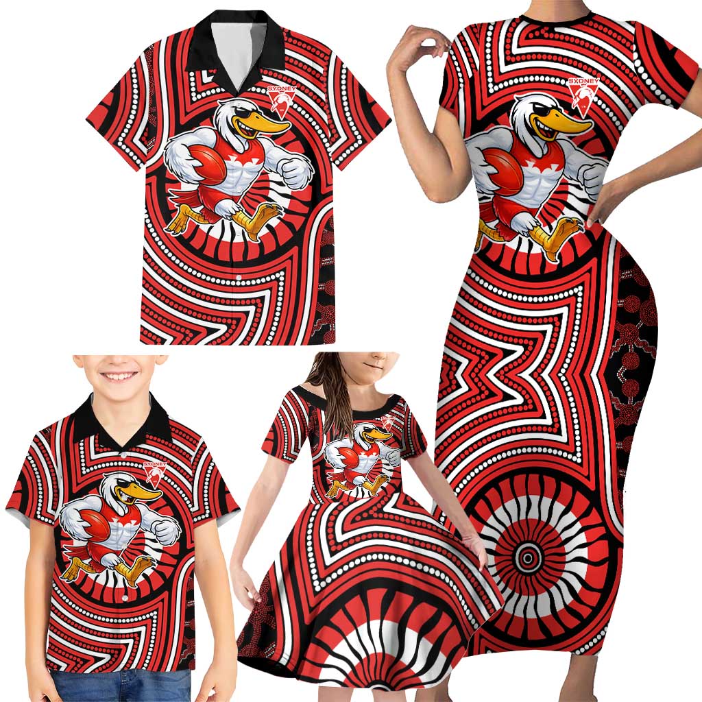 Sydney Swans Family Matching Short Sleeve Bodycon Dress and Hawaiian Shirt Indigenous Monochrome Dot Art Mascot Style