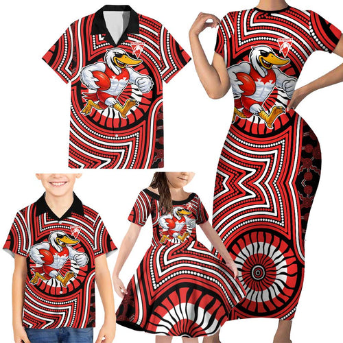 Sydney Swans Family Matching Short Sleeve Bodycon Dress and Hawaiian Shirt Indigenous Monochrome Dot Art Mascot Style