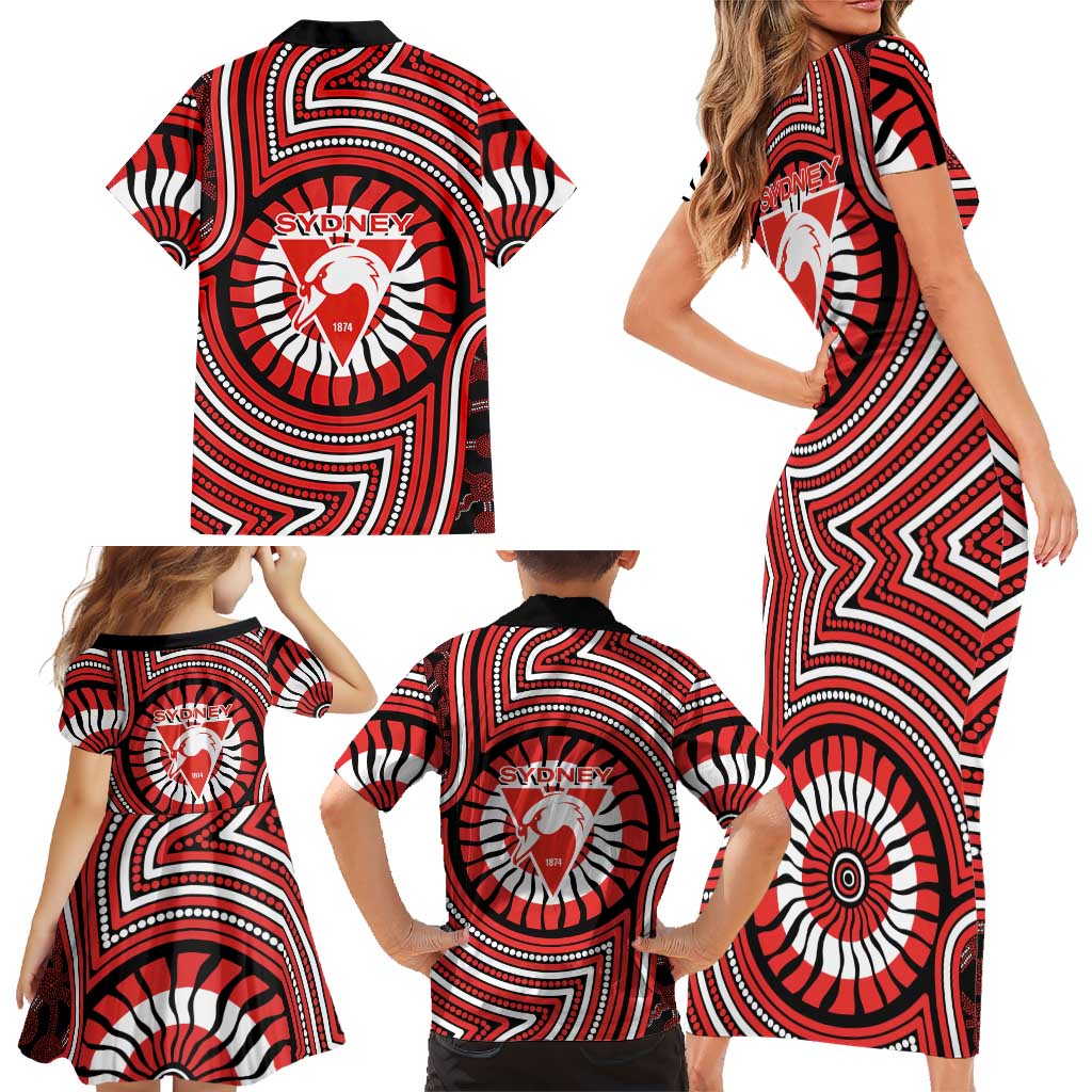 Sydney Swans Family Matching Short Sleeve Bodycon Dress and Hawaiian Shirt Indigenous Monochrome Dot Art Mascot Style