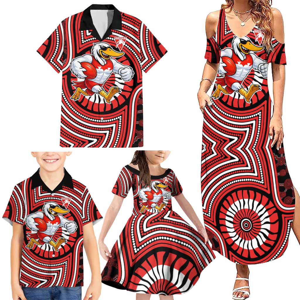 Sydney Swans Family Matching Summer Maxi Dress and Hawaiian Shirt Indigenous Monochrome Dot Art Mascot Style