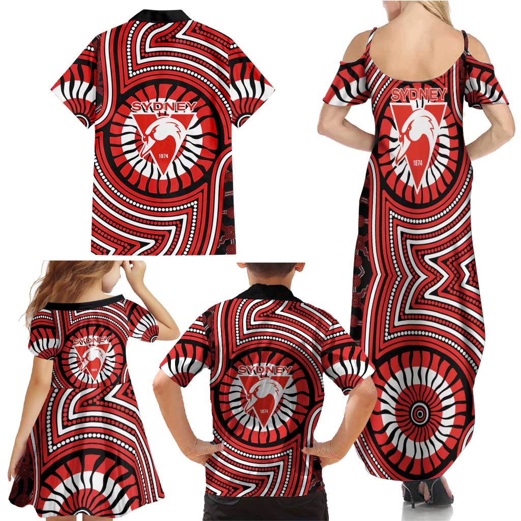 Sydney Swans Family Matching Summer Maxi Dress and Hawaiian Shirt Indigenous Monochrome Dot Art Mascot Style