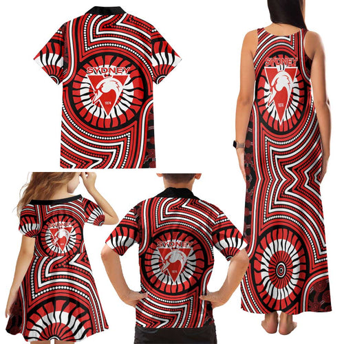 Sydney Swans Family Matching Tank Maxi Dress and Hawaiian Shirt Indigenous Monochrome Dot Art Mascot Style
