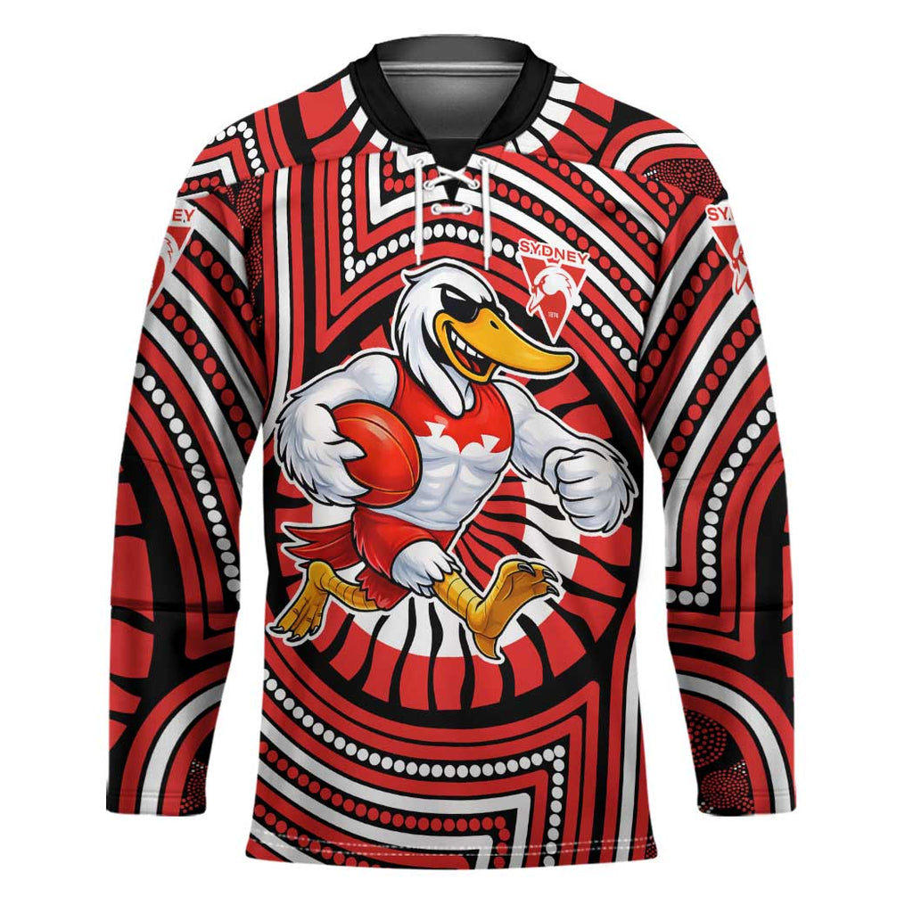 Sydney Swans Hockey Jersey Indigenous Monochrome Dot Art Mascot Style