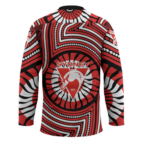 Sydney Swans Hockey Jersey Indigenous Monochrome Dot Art Mascot Style