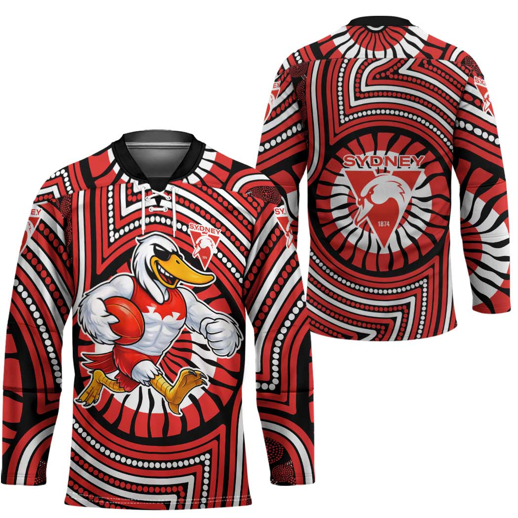 Sydney Swans Hockey Jersey Indigenous Monochrome Dot Art Mascot Style