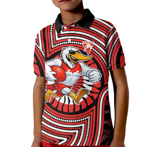 Sydney Swans Kid Polo Shirt Indigenous Monochrome Dot Art Mascot Style