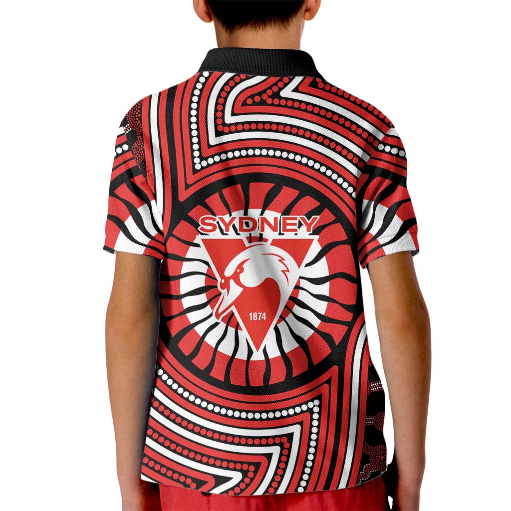 Sydney Swans Kid Polo Shirt Indigenous Monochrome Dot Art Mascot Style