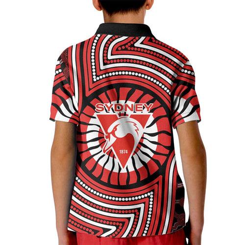 Sydney Swans Kid Polo Shirt Indigenous Monochrome Dot Art Mascot Style