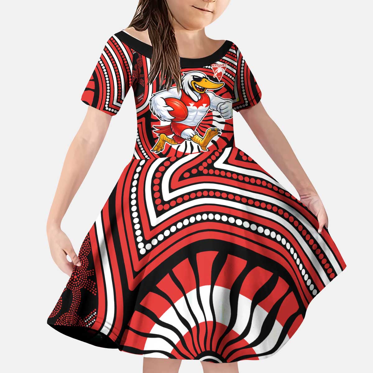 Sydney Swans Kid Short Sleeve Dress Indigenous Monochrome Dot Art Mascot Style
