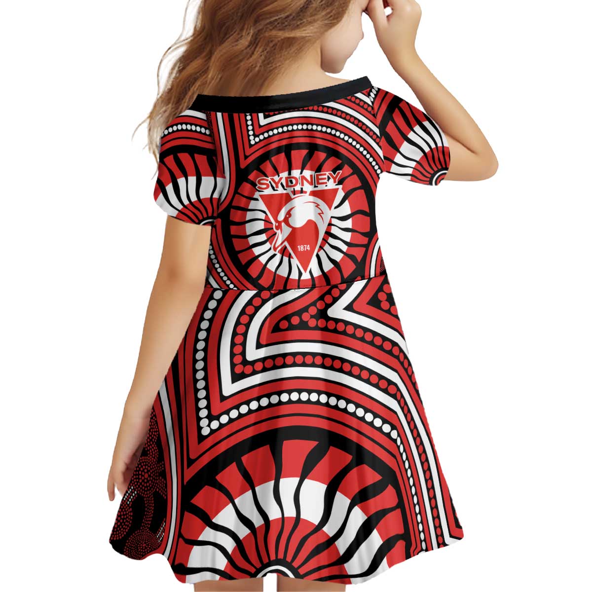 Sydney Swans Kid Short Sleeve Dress Indigenous Monochrome Dot Art Mascot Style