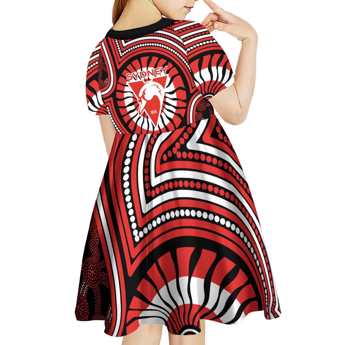 Sydney Swans Kid Short Sleeve Dress Indigenous Monochrome Dot Art Mascot Style