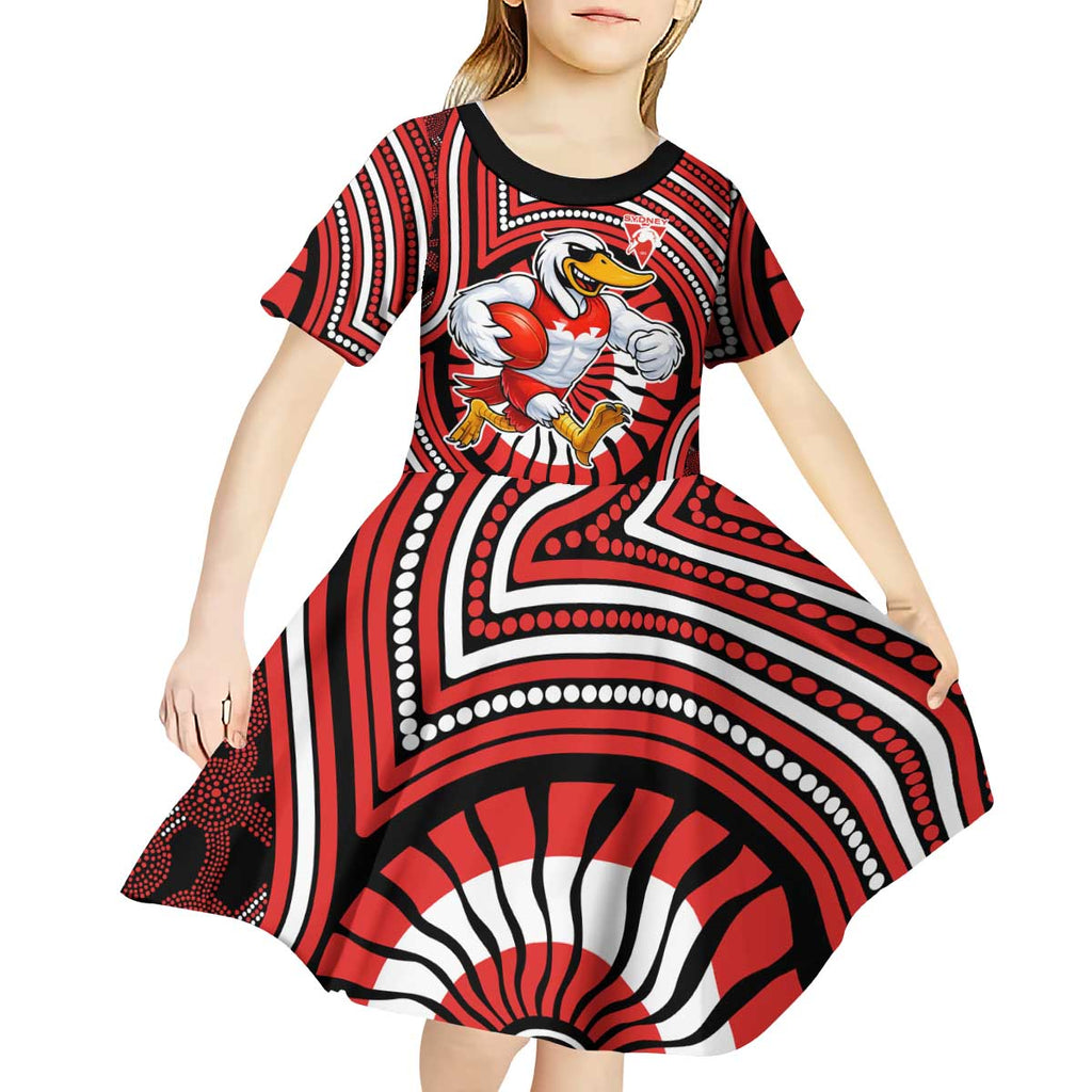 Sydney Swans Kid Short Sleeve Dress Indigenous Monochrome Dot Art Mascot Style