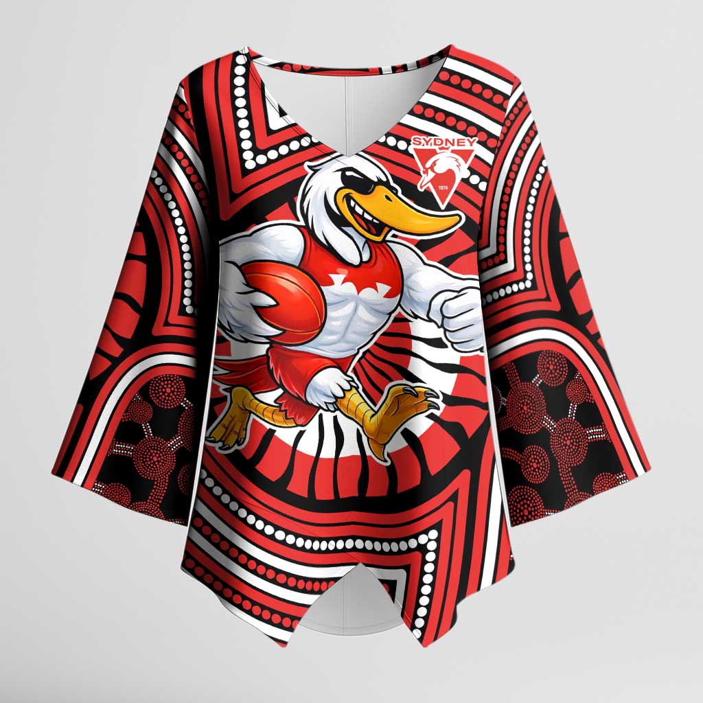 Sydney Swans Kimono Sleeve Blouse Indigenous Monochrome Dot Art Mascot Style