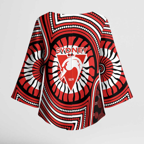 Sydney Swans Kimono Sleeve Blouse Indigenous Monochrome Dot Art Mascot Style
