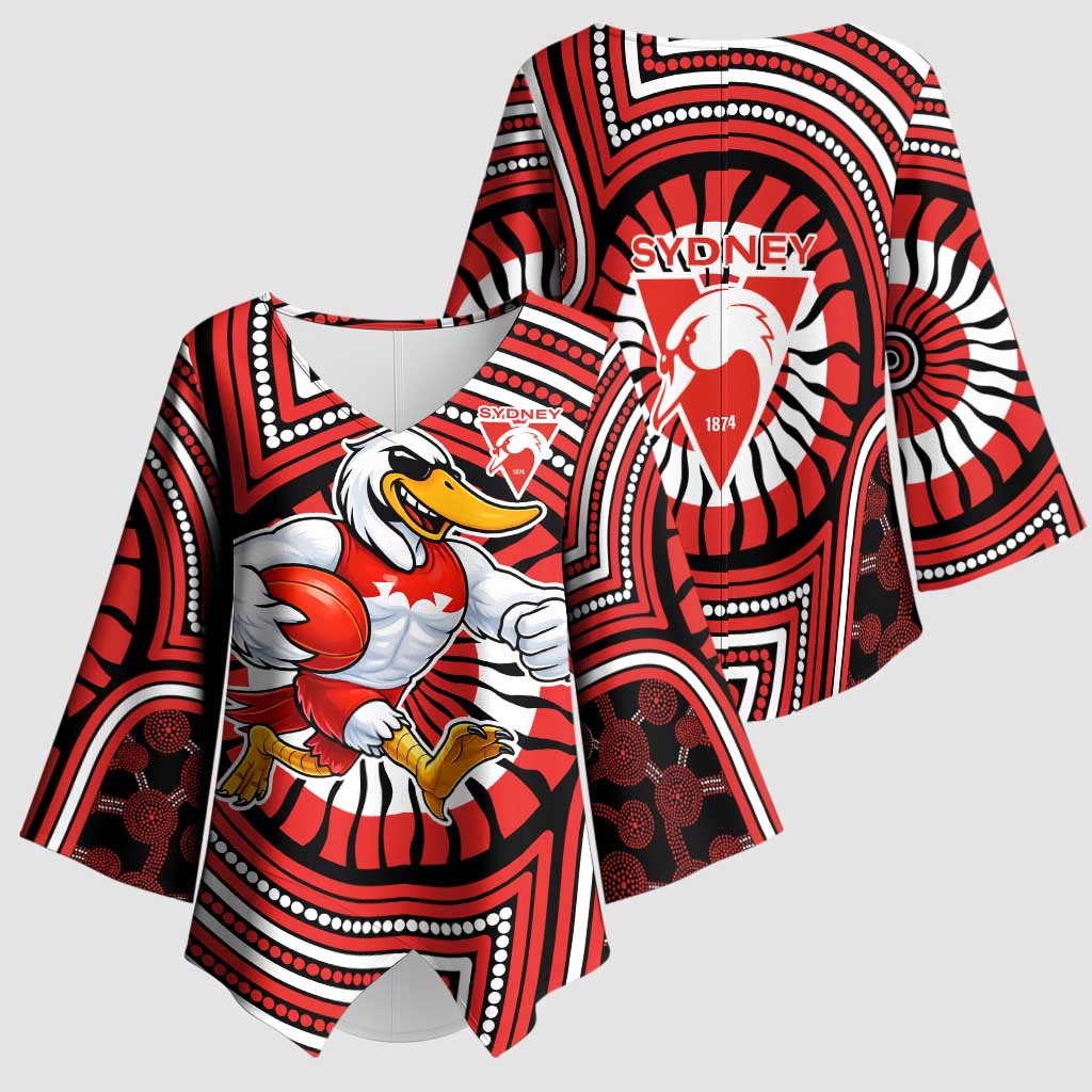 Sydney Swans Kimono Sleeve Blouse Indigenous Monochrome Dot Art Mascot Style
