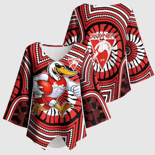 Sydney Swans Kimono Sleeve Blouse Indigenous Monochrome Dot Art Mascot Style