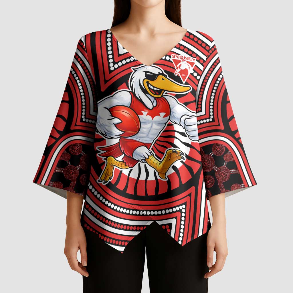 Sydney Swans Kimono Sleeve Blouse Indigenous Monochrome Dot Art Mascot Style