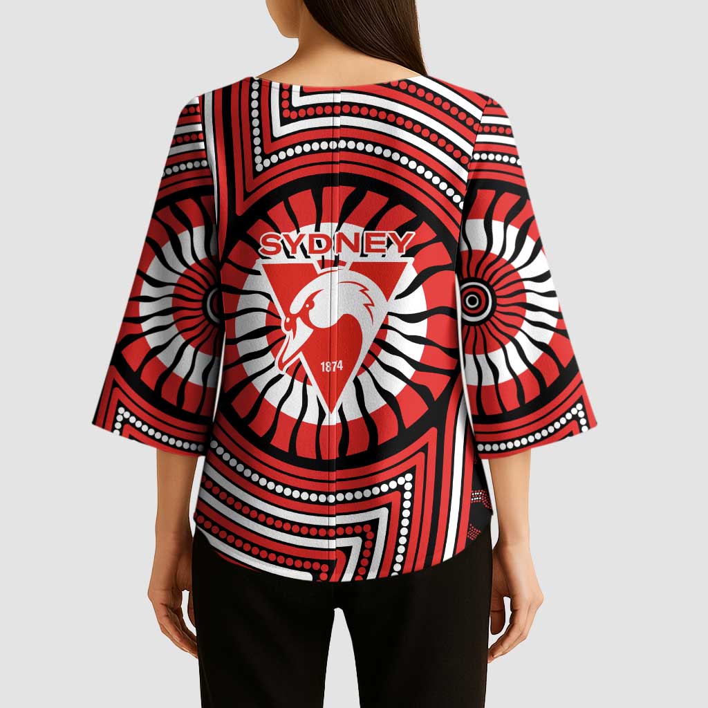 Sydney Swans Kimono Sleeve Blouse Indigenous Monochrome Dot Art Mascot Style