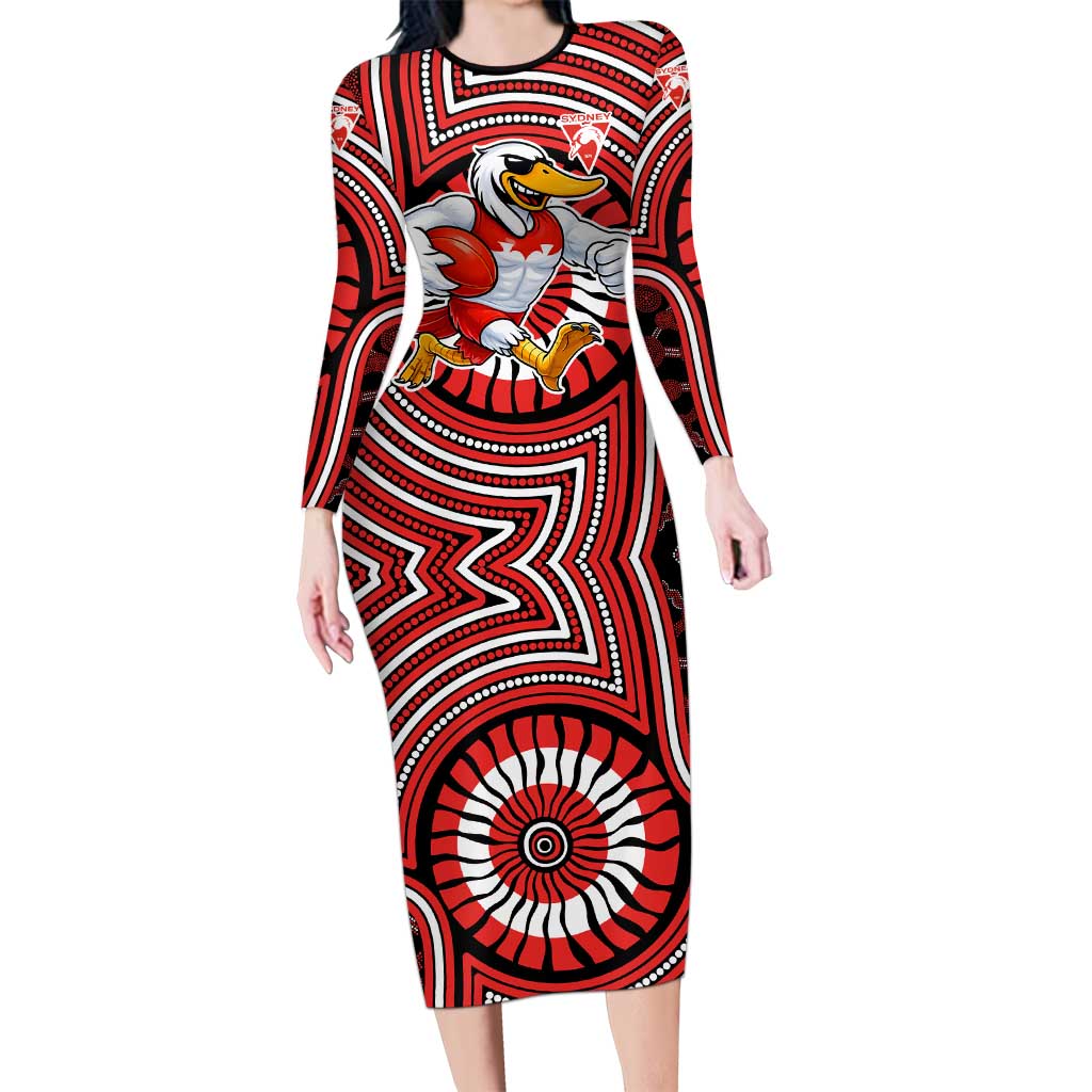 Sydney Swans Long Sleeve Bodycon Dress Indigenous Monochrome Dot Art Mascot Style
