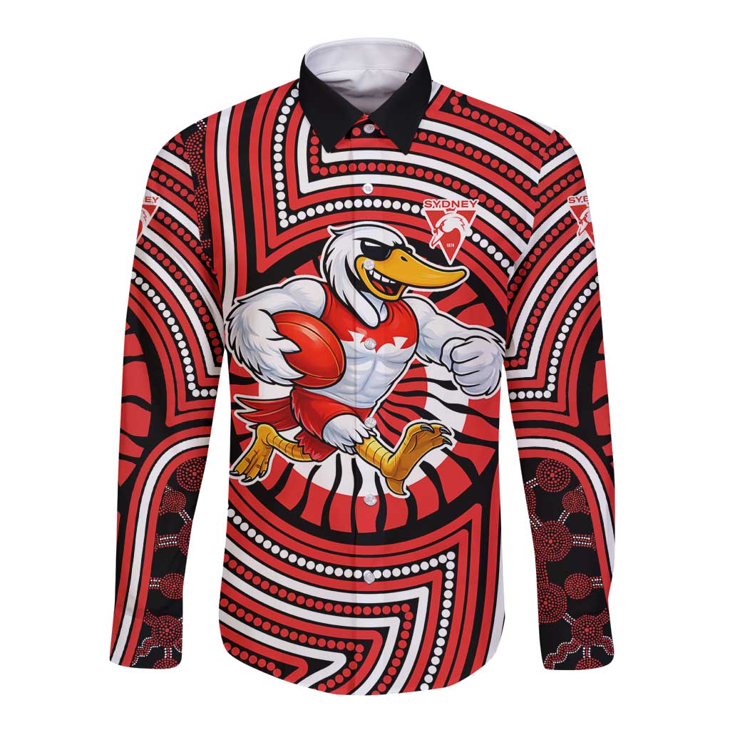 Sydney Swans Long Sleeve Button Shirt Indigenous Monochrome Dot Art Mascot Style