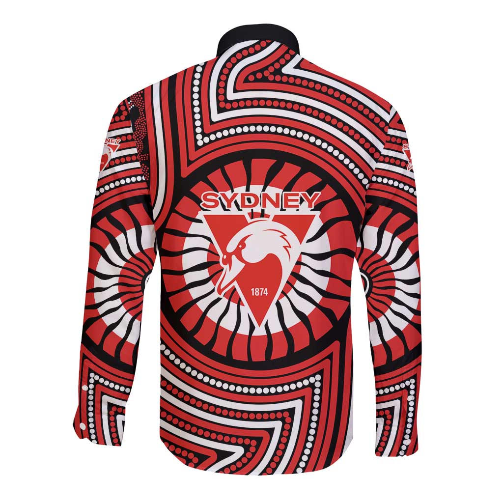 Sydney Swans Long Sleeve Button Shirt Indigenous Monochrome Dot Art Mascot Style