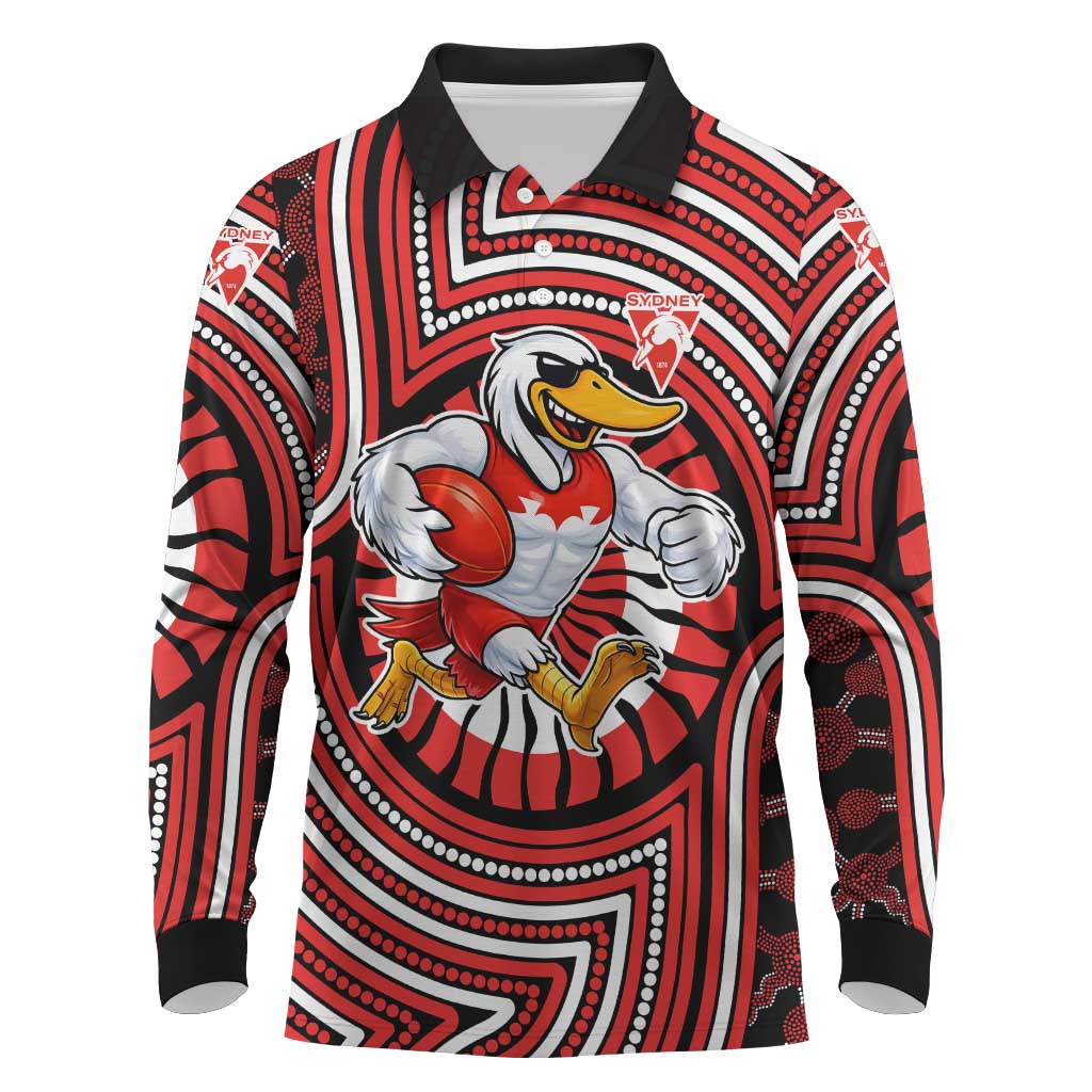 Sydney Swans Long Sleeve Polo Shirt Indigenous Monochrome Dot Art Mascot Style