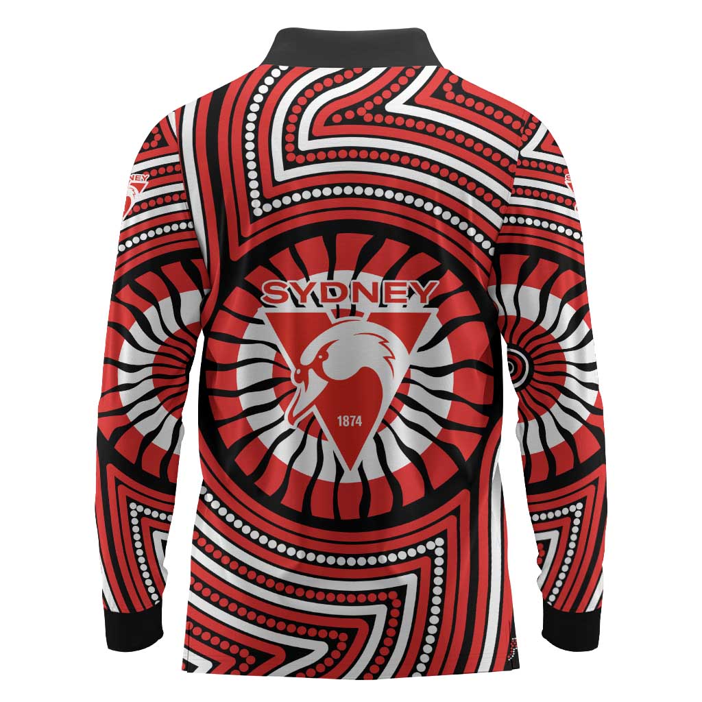 Sydney Swans Long Sleeve Polo Shirt Indigenous Monochrome Dot Art Mascot Style