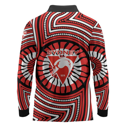 Sydney Swans Long Sleeve Polo Shirt Indigenous Monochrome Dot Art Mascot Style