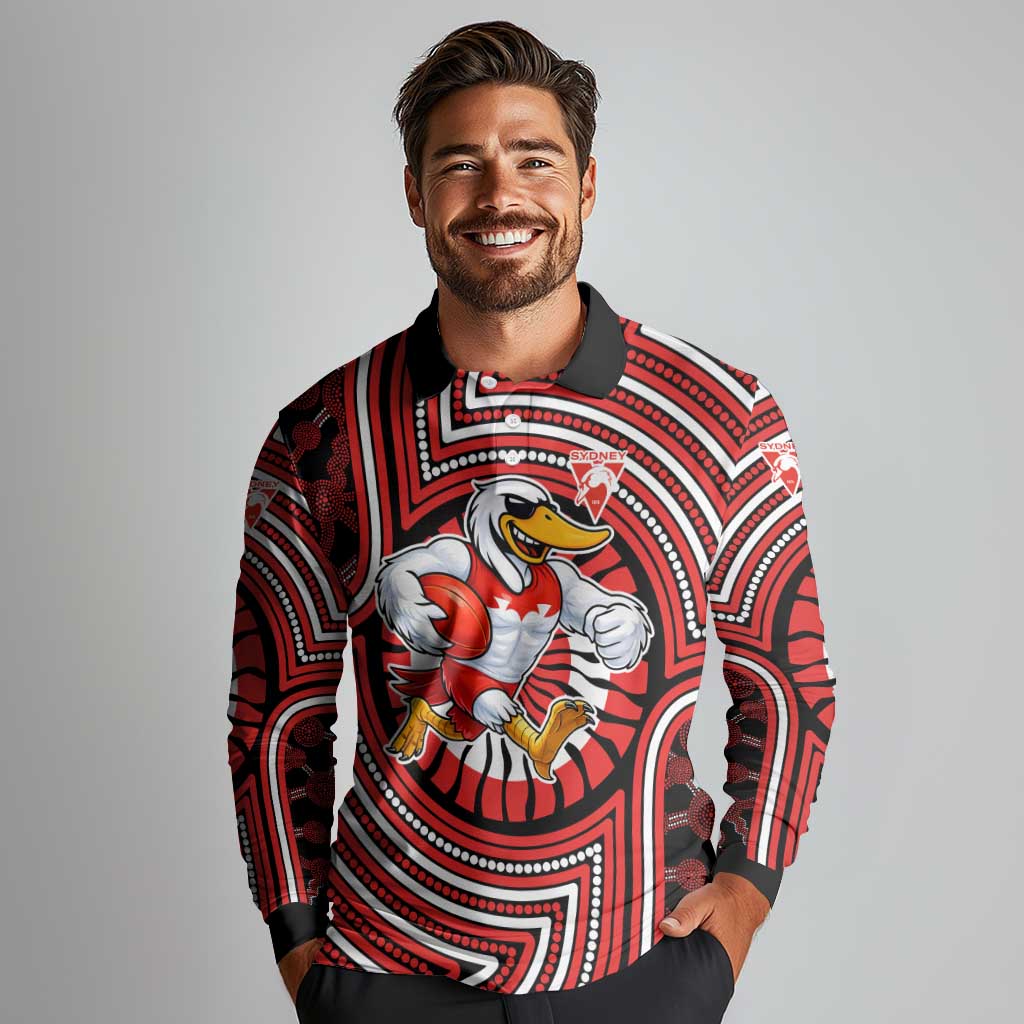 Sydney Swans Long Sleeve Polo Shirt Indigenous Monochrome Dot Art Mascot Style