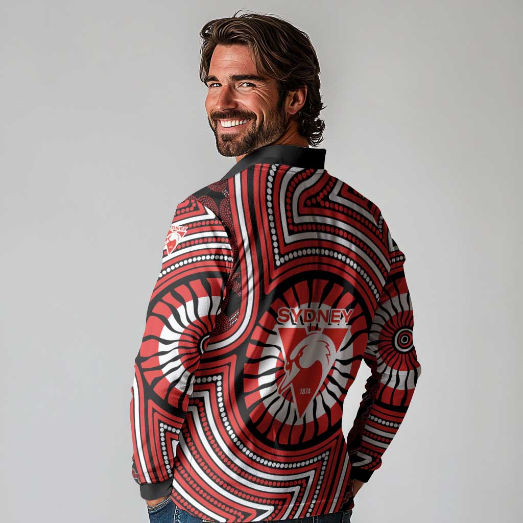 Sydney Swans Long Sleeve Polo Shirt Indigenous Monochrome Dot Art Mascot Style