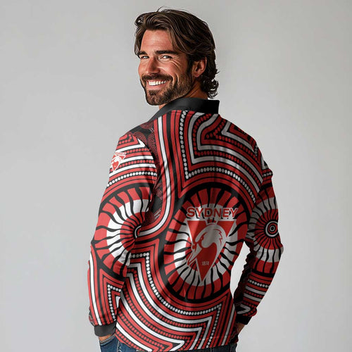 Sydney Swans Long Sleeve Polo Shirt Indigenous Monochrome Dot Art Mascot Style