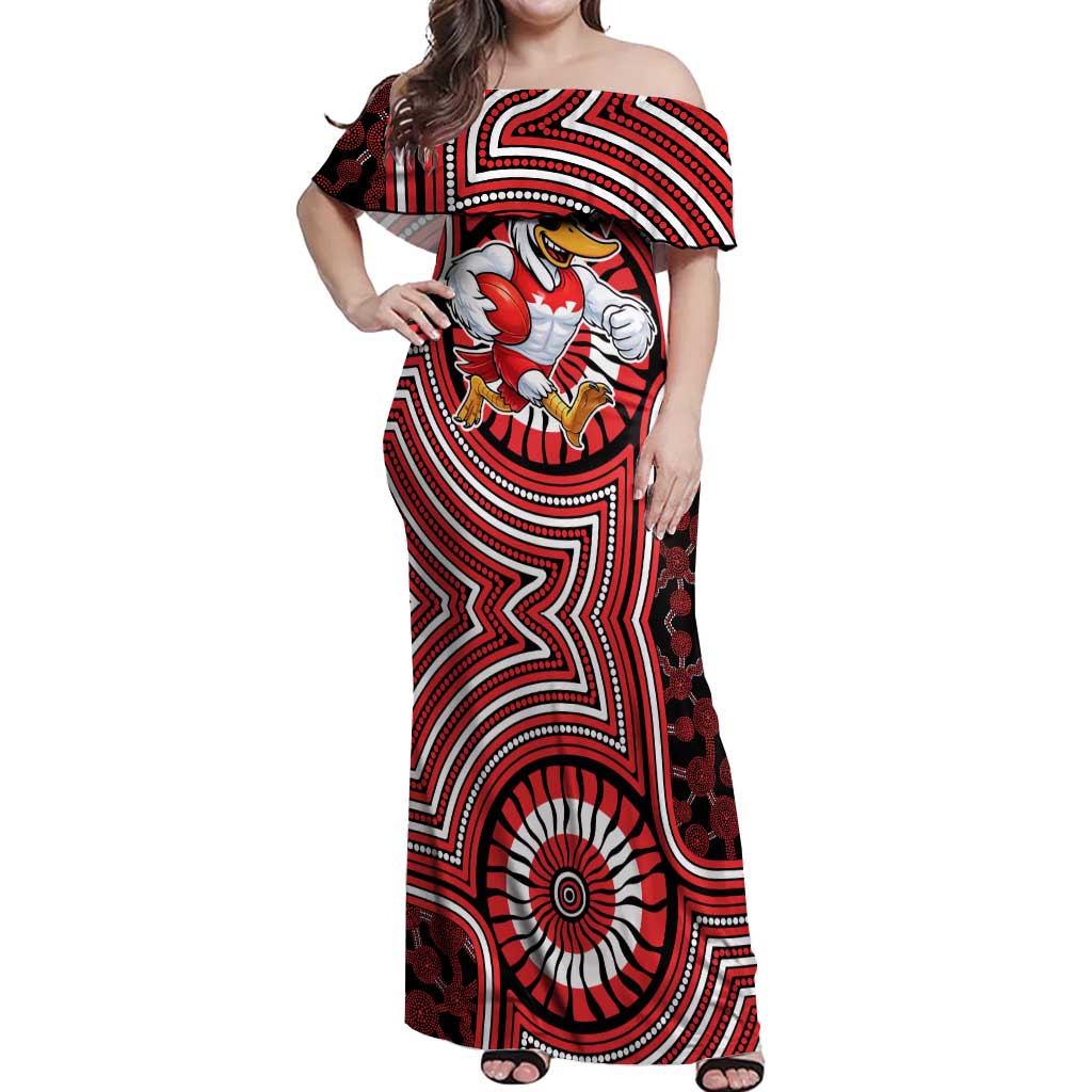 Sydney Swans Off Shoulder Maxi Dress Indigenous Monochrome Dot Art Mascot Style