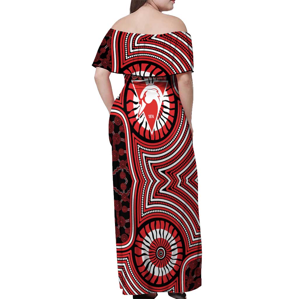 Sydney Swans Off Shoulder Maxi Dress Indigenous Monochrome Dot Art Mascot Style