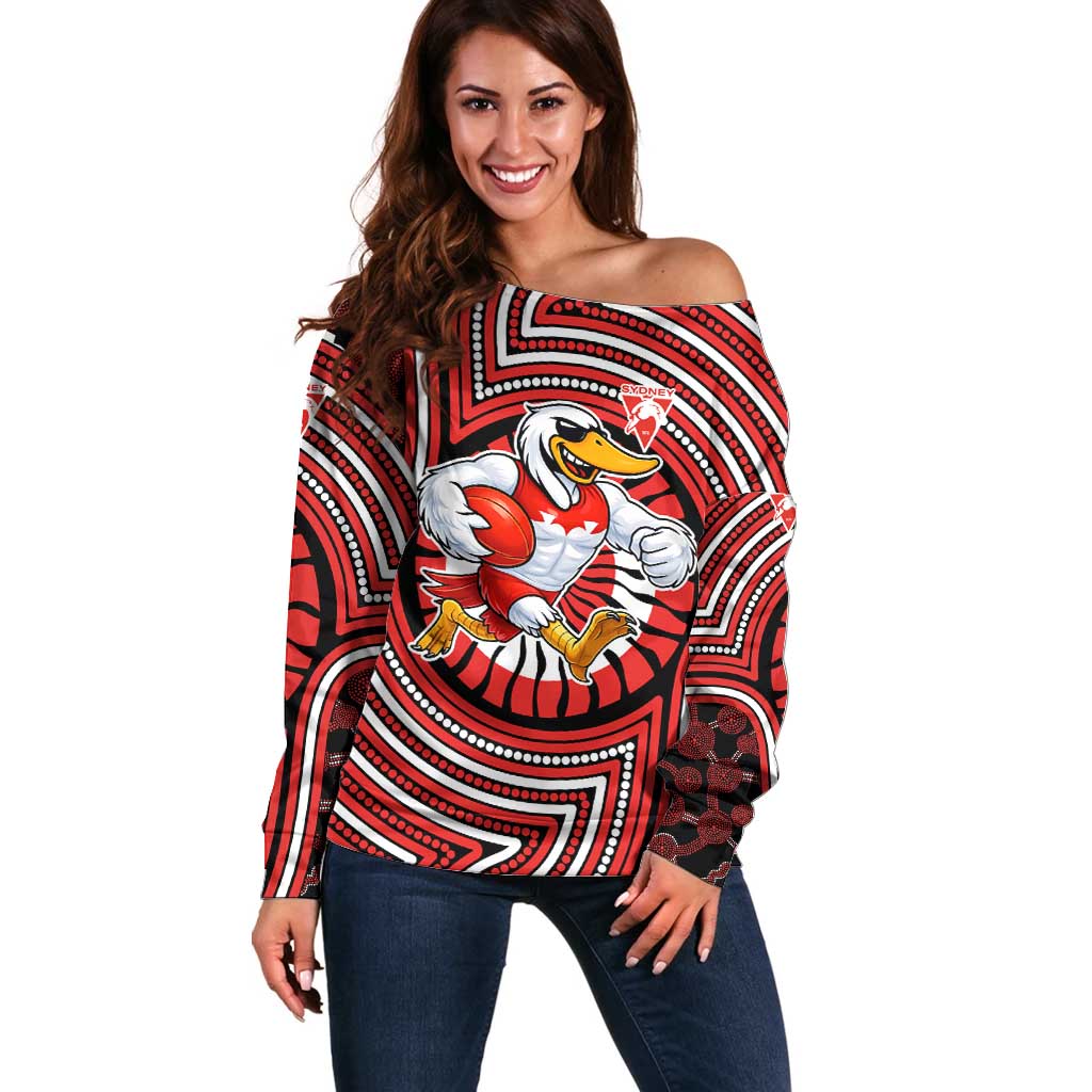 Sydney Swans Off Shoulder Sweater Indigenous Monochrome Dot Art Mascot Style